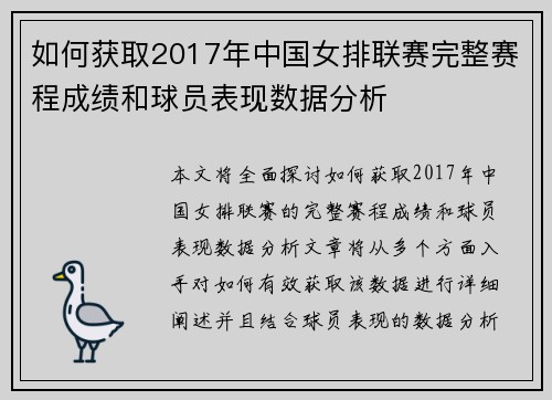 如何获取2017年中国女排联赛完整赛程成绩和球员表现数据分析