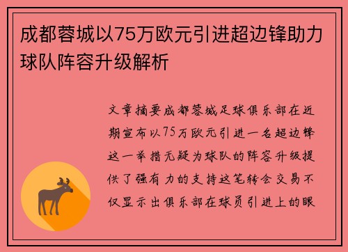 成都蓉城以75万欧元引进超边锋助力球队阵容升级解析