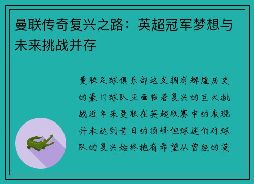 曼联传奇复兴之路：英超冠军梦想与未来挑战并存